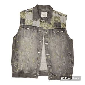 Parish Nation Denim Vest Jean Jacket Green Cheetah Patchwork Paint Splatter 3XL